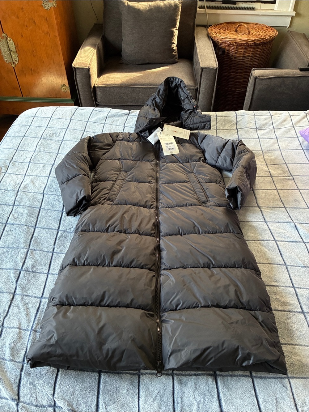 Womans Dave The Duck Long Puffer Coat with Hood - BlackLarge